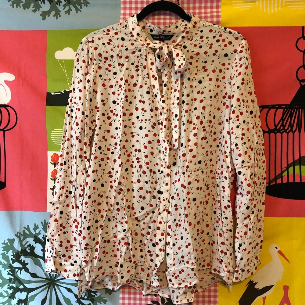 Velvet Heart Cherry Print Button Down Blouse Size Large